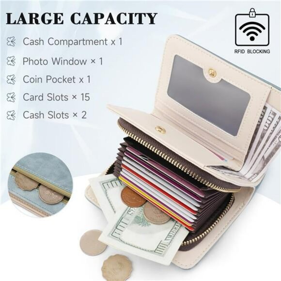 RFID Small Bifold Wallet Blue Butterfly Card Holder Zip Coin Purse for Women - Picture 2 of 7